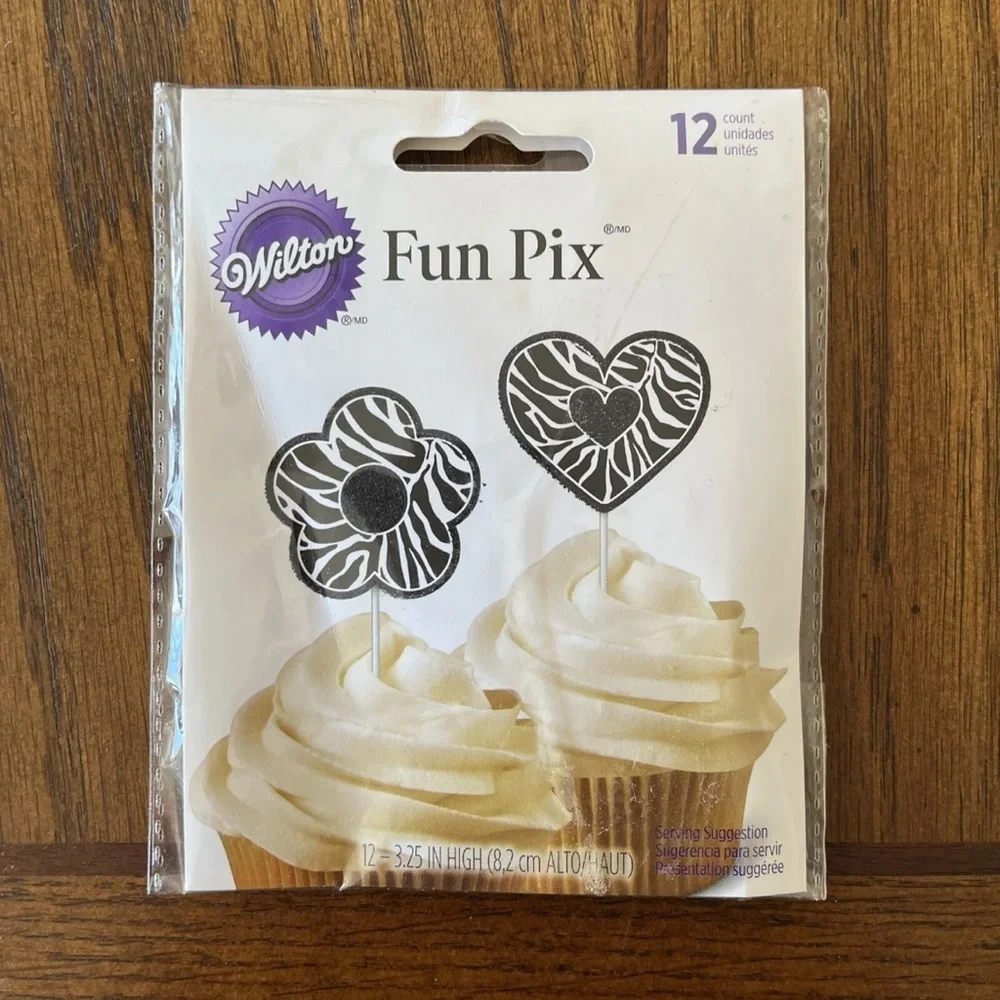 Wilton Fun Pix Zebra Print Cupcake Picks 12 Ct Hearts Flowers